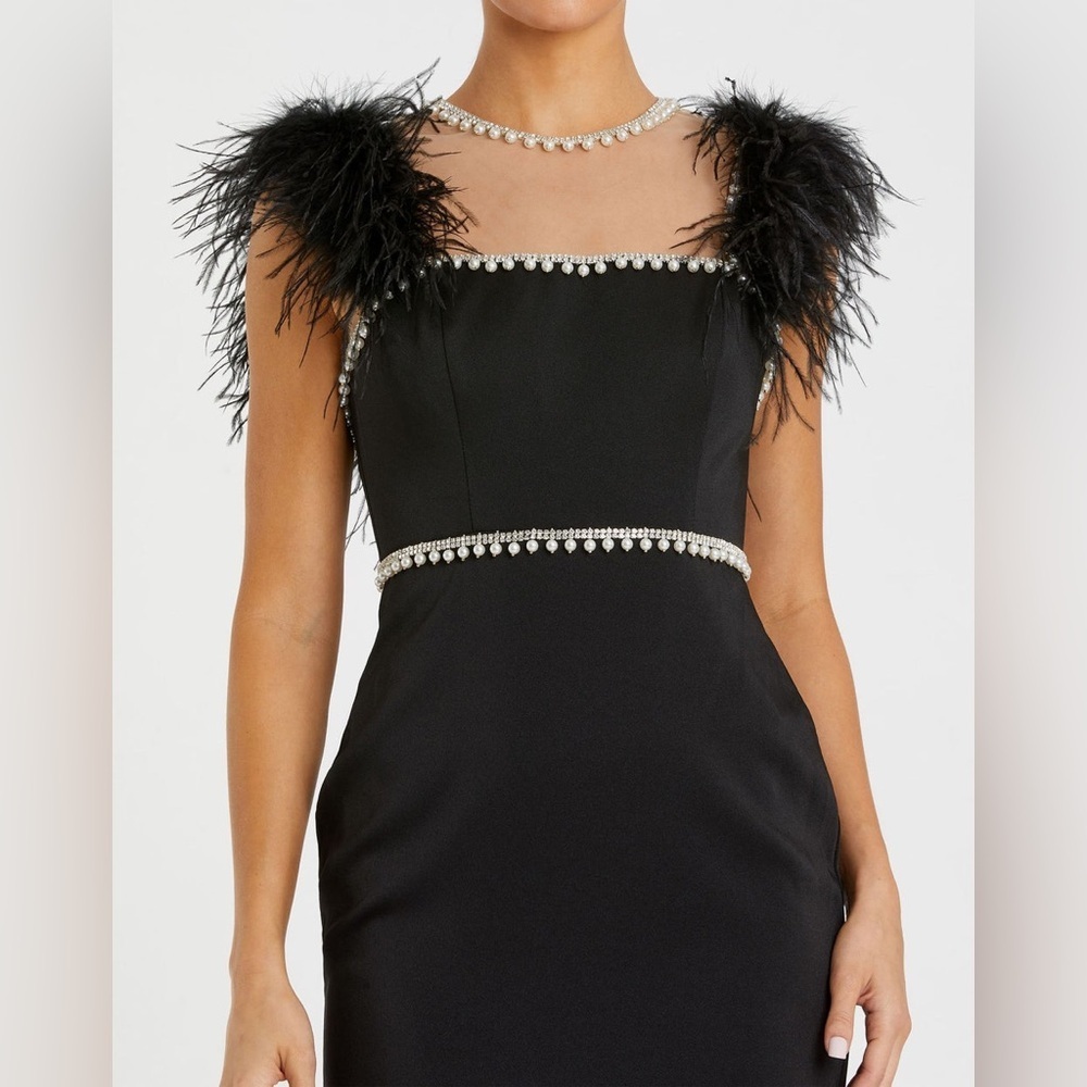 Mac Duggal Black Feather Cap Sleeve Pearl Embellished Midi Formal Dress | 2 - Picture 6 of 13